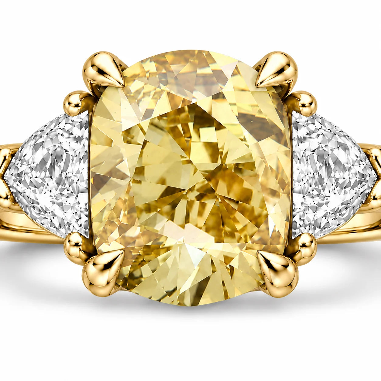 1.82 Carat Fancy Yellow Cushion Cut Three Stone Diamond Ring