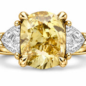 1.82 Carat Fancy Yellow Cushion Cut Three Stone Diamond Ring
