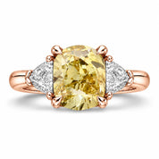 1.82 Carat Fancy Yellow Cushion Cut Three Stone Diamond Ring 18K Rose Gold