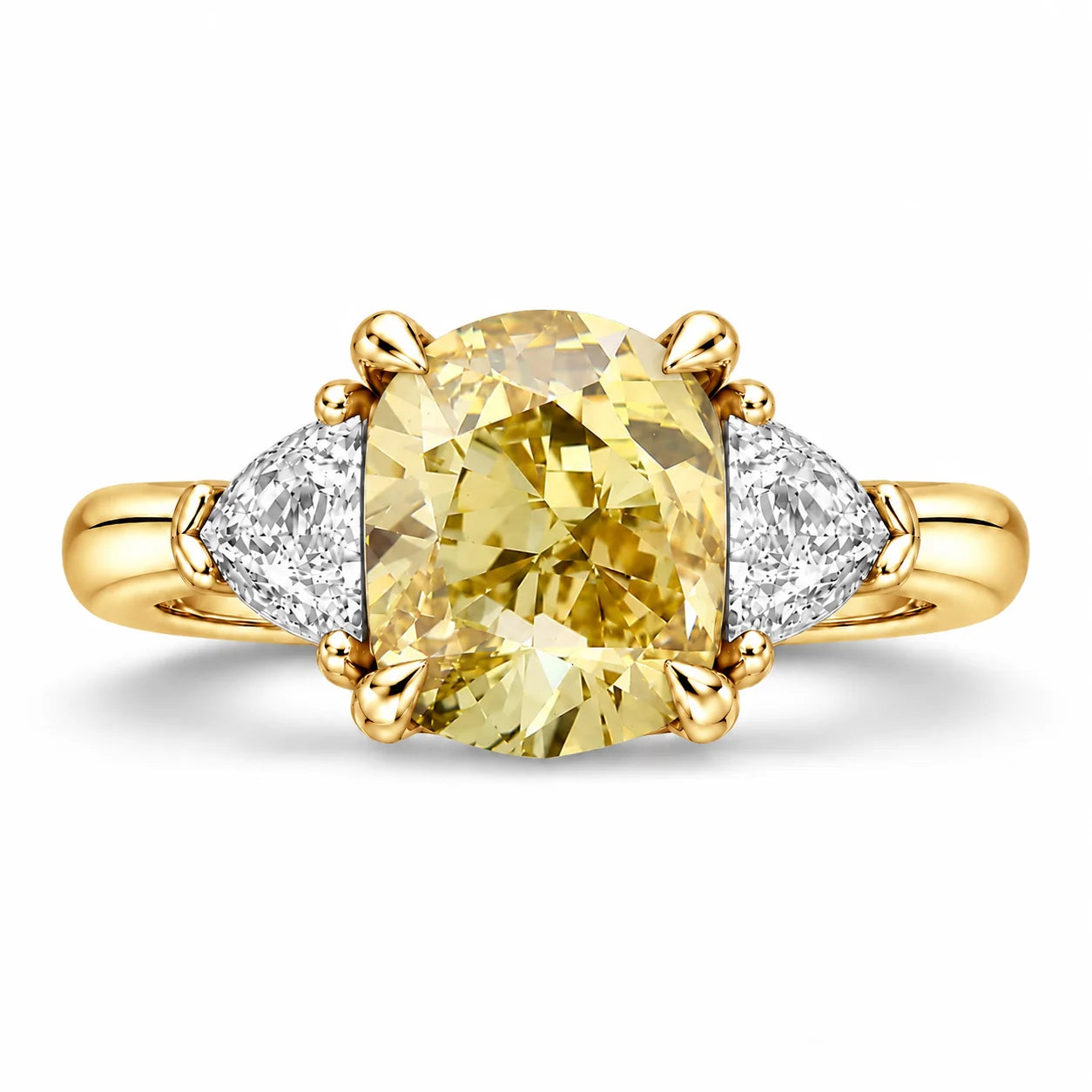 1.82 Carat Fancy Yellow Cushion Cut Three Stone Diamond Ring 18K Yellow Gold