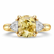 1.82 Carat Fancy Yellow Cushion Cut Three Stone Diamond Ring 18K Yellow Gold