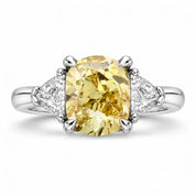1.82 Carat Fancy Yellow Cushion Cut Three Stone Diamond Ring 950 Platinum