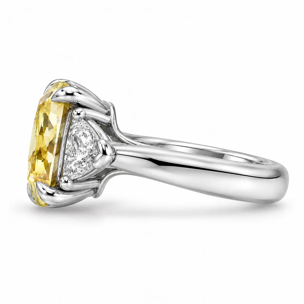 1.82 Carat Fancy Yellow Cushion Cut Three Stone Diamond Ring