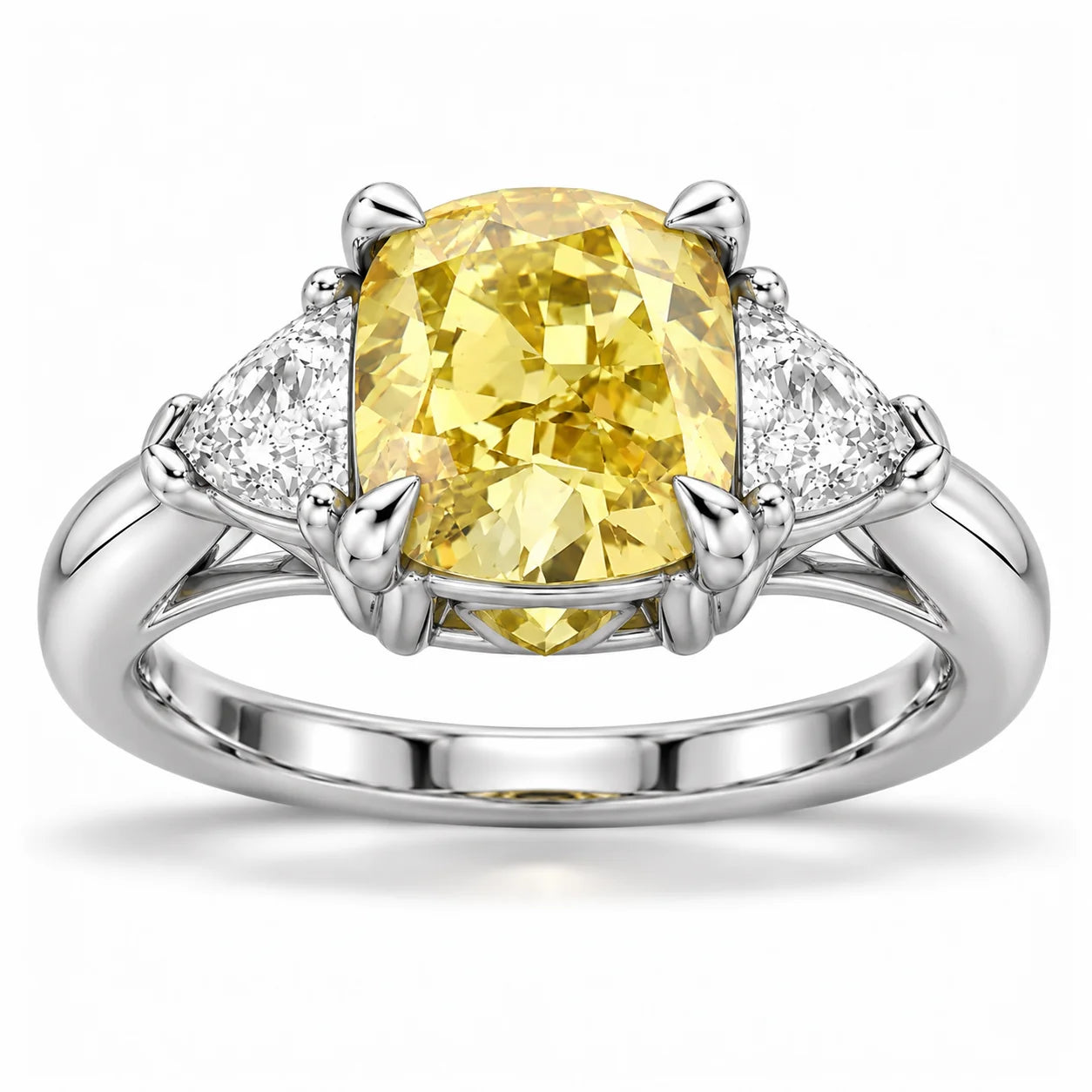 1.82 Carat Fancy Yellow Cushion Cut Three Stone Diamond Ring