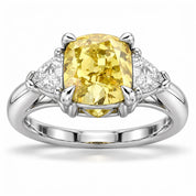 1.82 Carat Fancy Yellow Cushion Cut Three Stone Diamond Ring