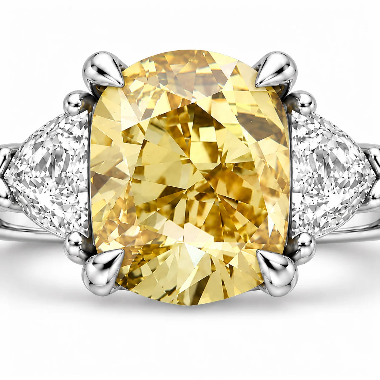 1.82 Carat Fancy Yellow Cushion Cut Three Stone Diamond Ring