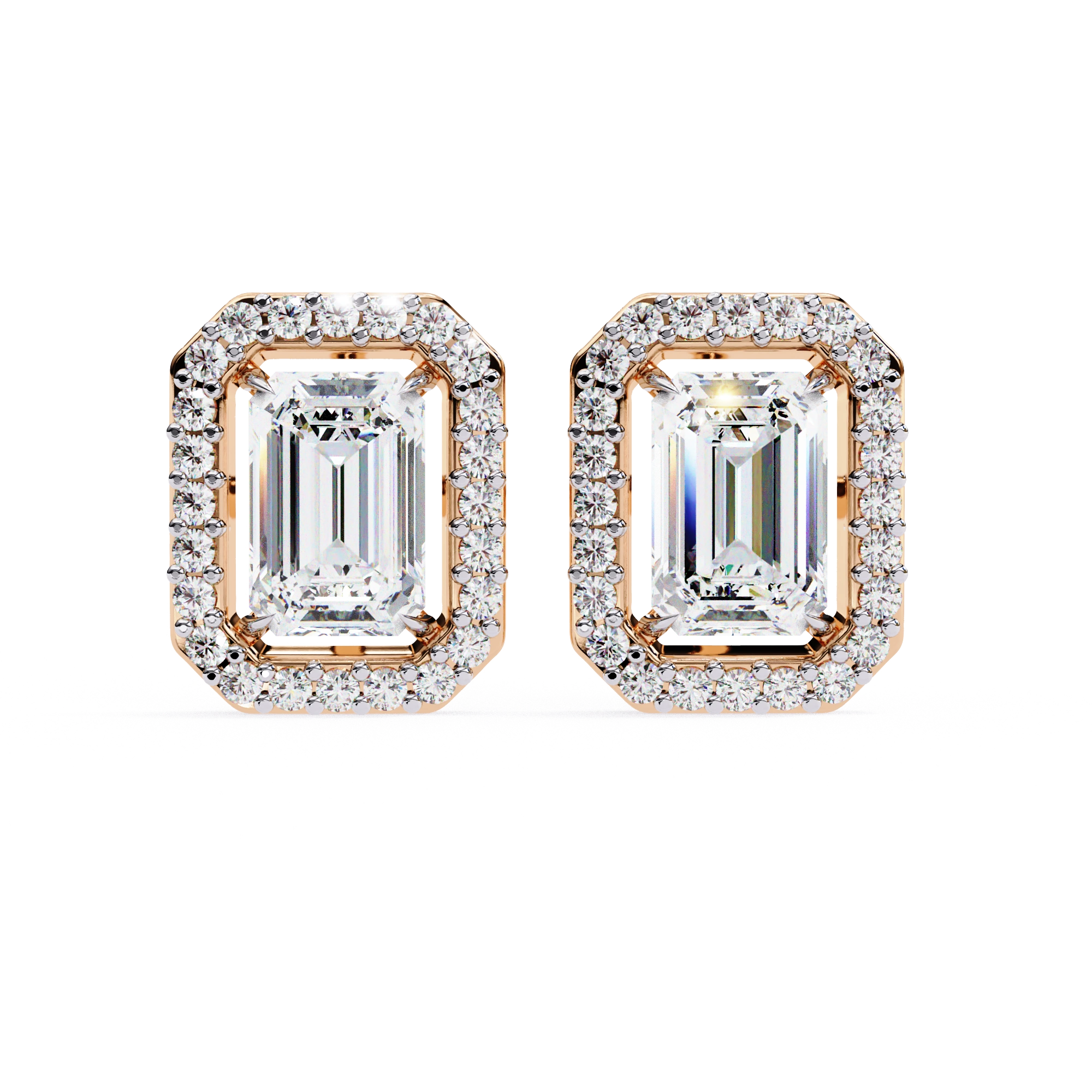 1.90 Carat Emerald Cut Diamond Halo Stud Earrings for Women 18K Rose Gold Natural Diamond