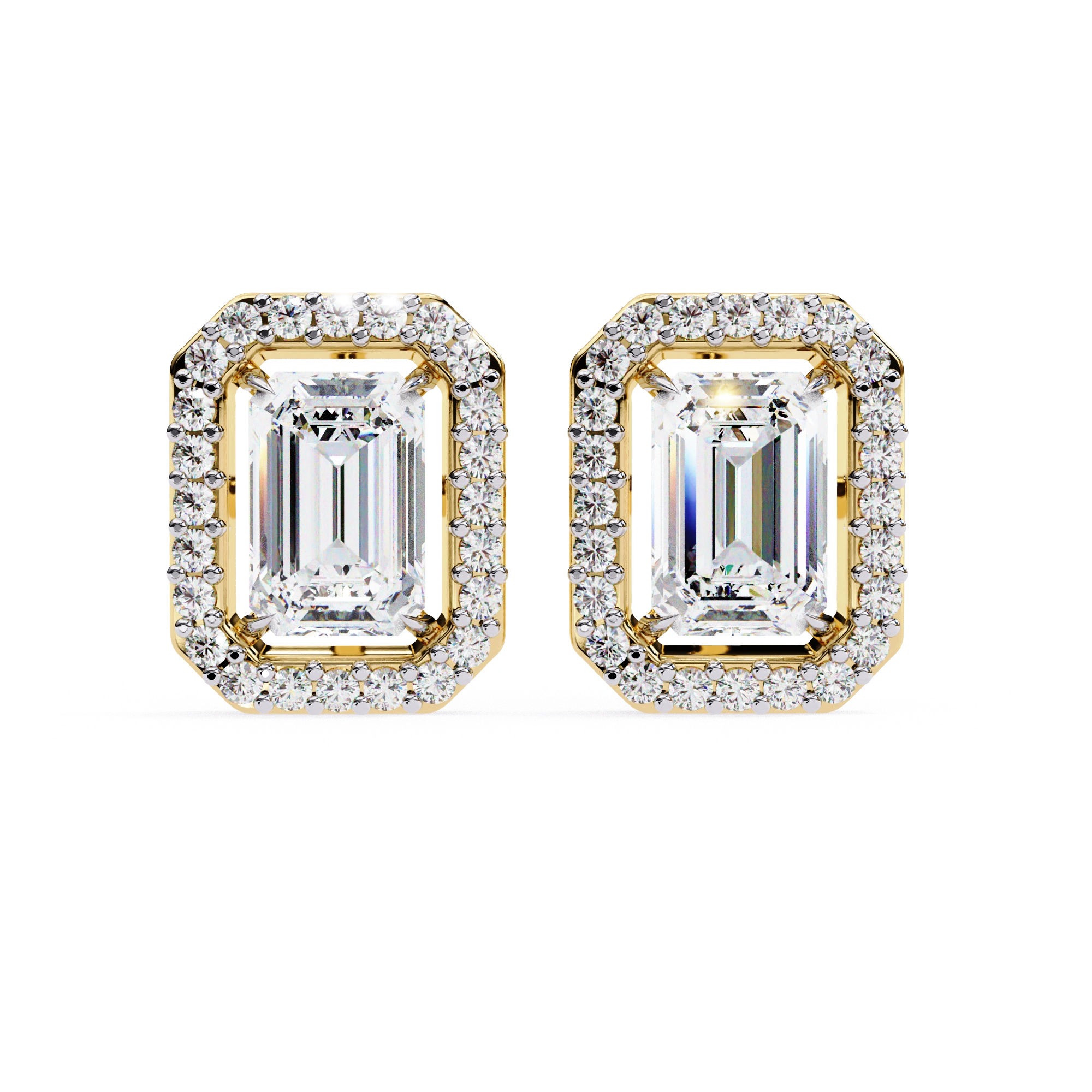 1.90 Carat Emerald Cut Diamond Halo Stud Earrings for Women 18K Yellow Gold Natural Diamond