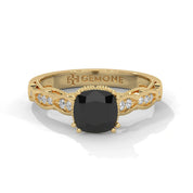 1.91 Ct Cushion Cut Black Diamond Engagement Ring with Side Diamonds 18K Yellow Gold