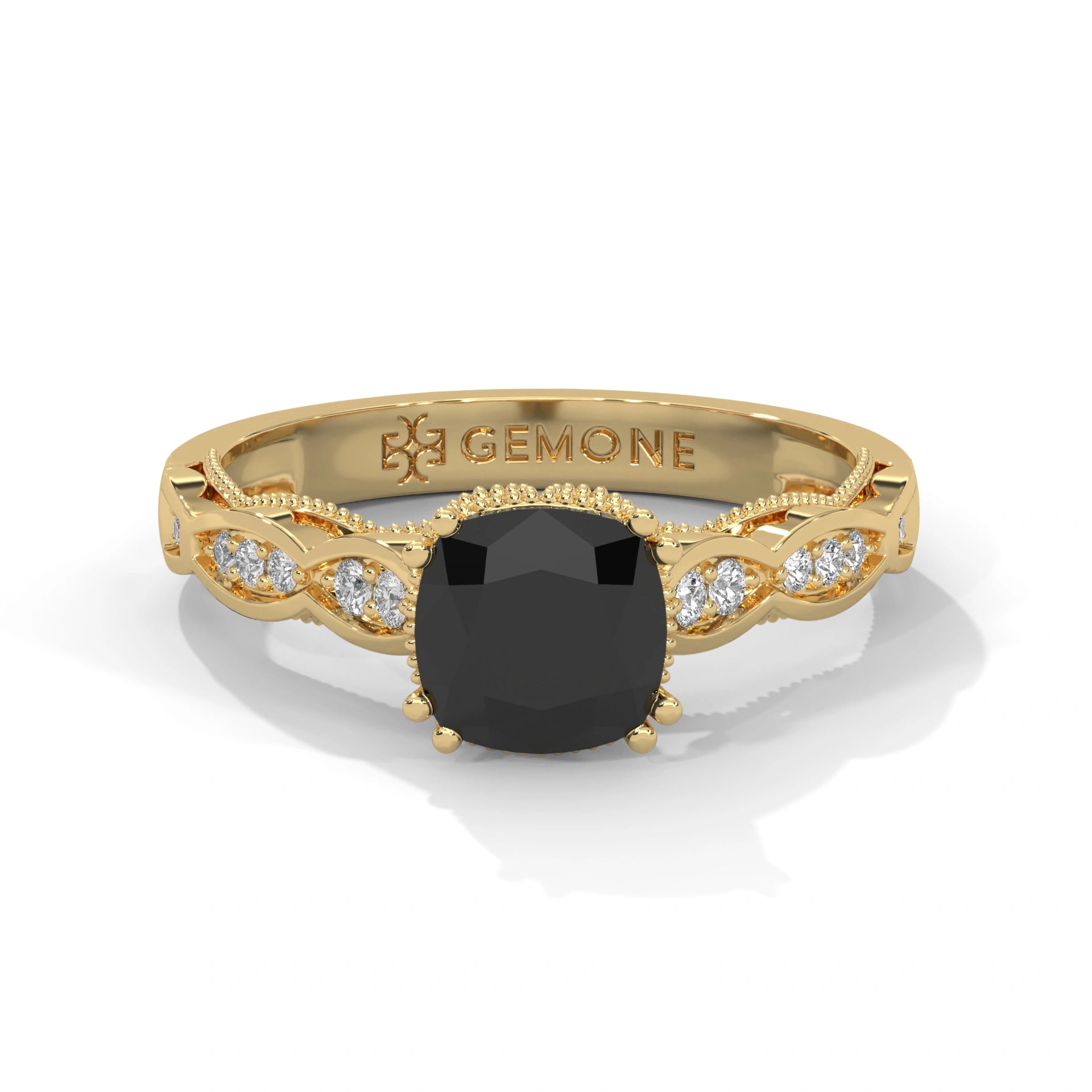 1.91 Ct Cushion Cut Black Diamond Engagement Ring with Side Diamonds 18K Yellow Gold