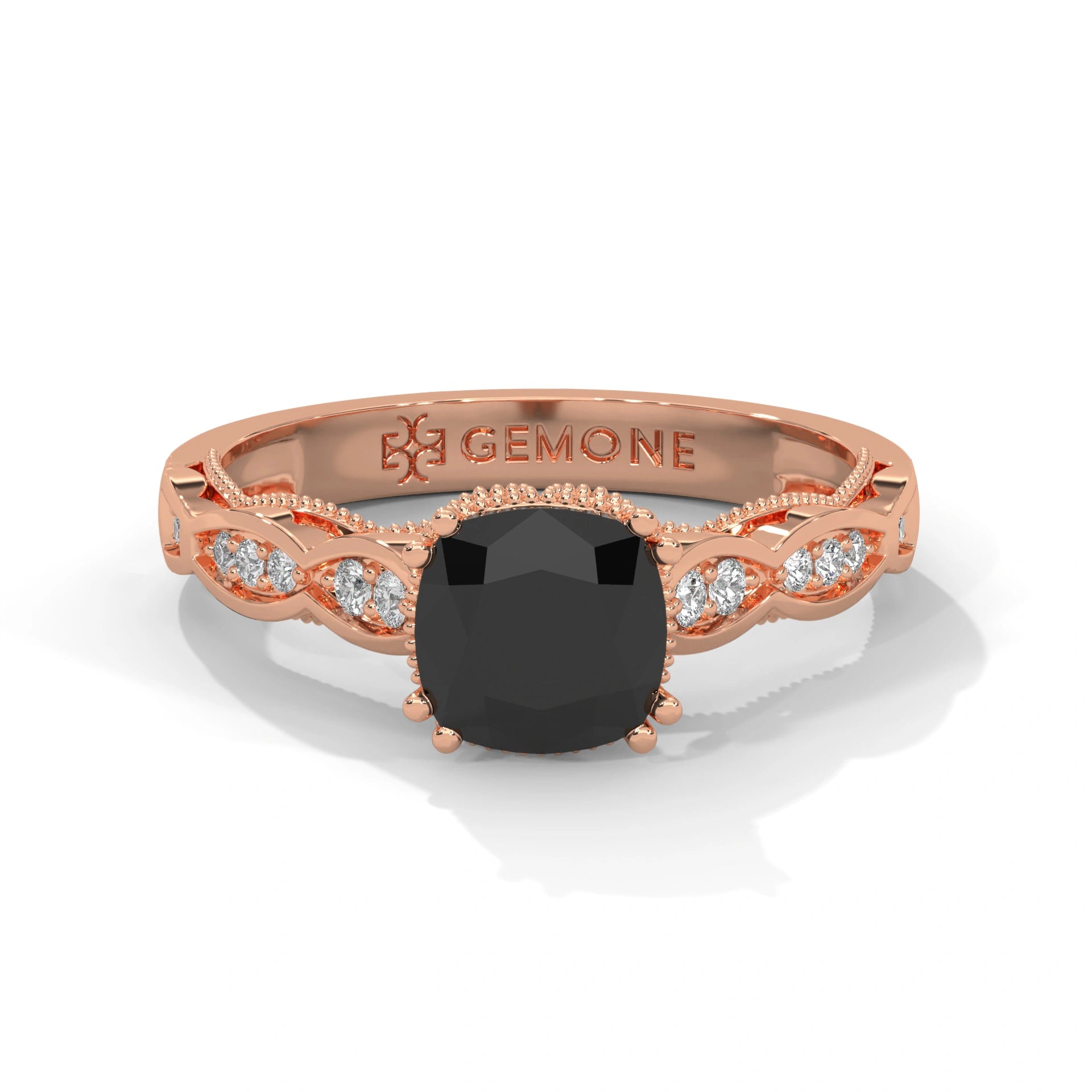 1.91 Ct Cushion Cut Black Diamond Engagement Ring with Side Diamonds 18K Rose Gold