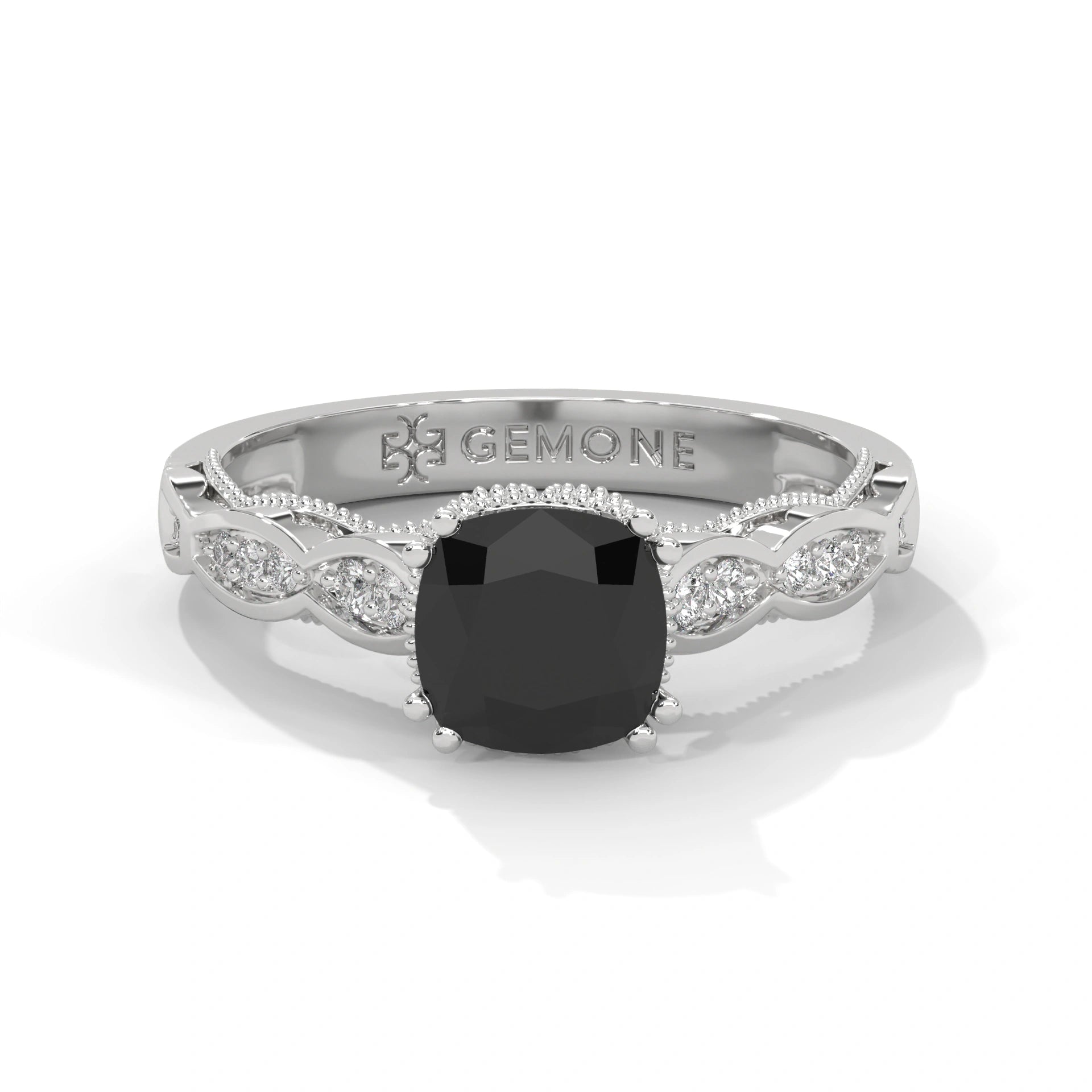 1.91 Ct Cushion Cut Black Diamond Engagement Ring with Side Diamonds