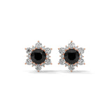 1 Carat Round Cut Floral Halo Black Diamond Stud Earrings Screw Back