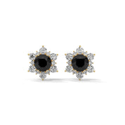 1 Carat Round Cut Floral Halo Black Diamond Stud Earrings Screw Back 18K Yellow Gold
