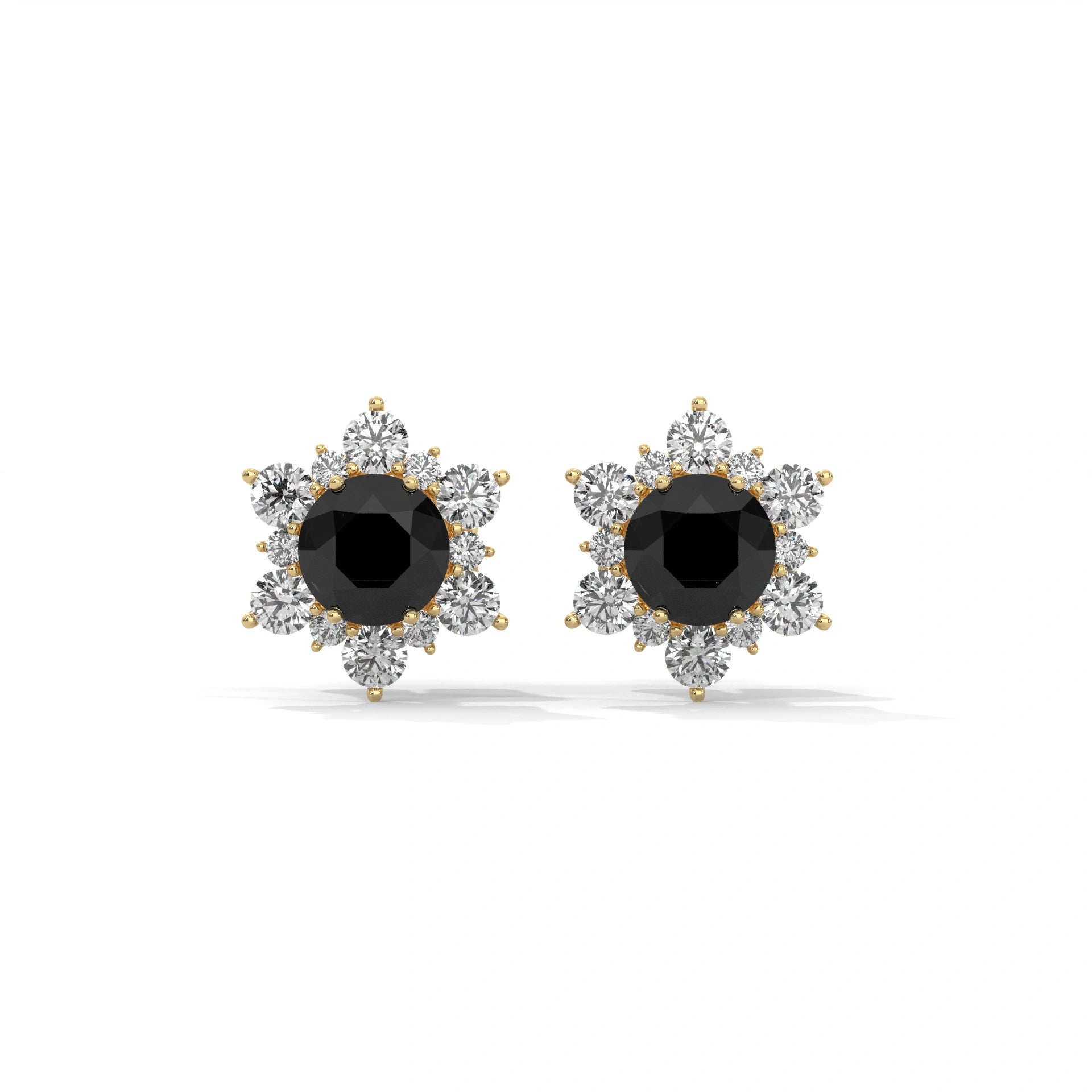 1 Carat Round Cut Floral Halo Black Diamond Stud Earrings Screw Back 18K Yellow Gold