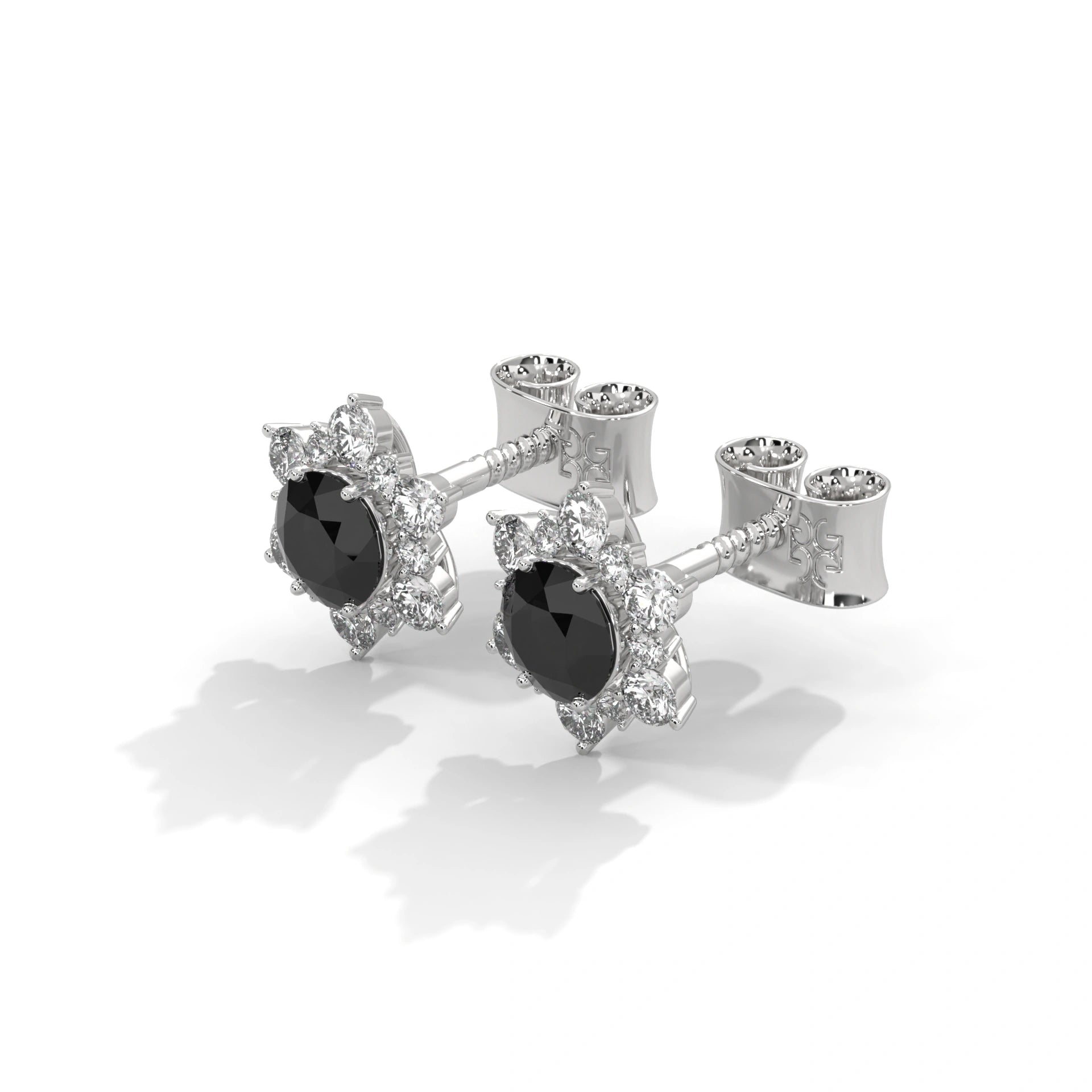 1 Carat Round Cut Floral Halo Black Diamond Stud Earrings Screw Back
