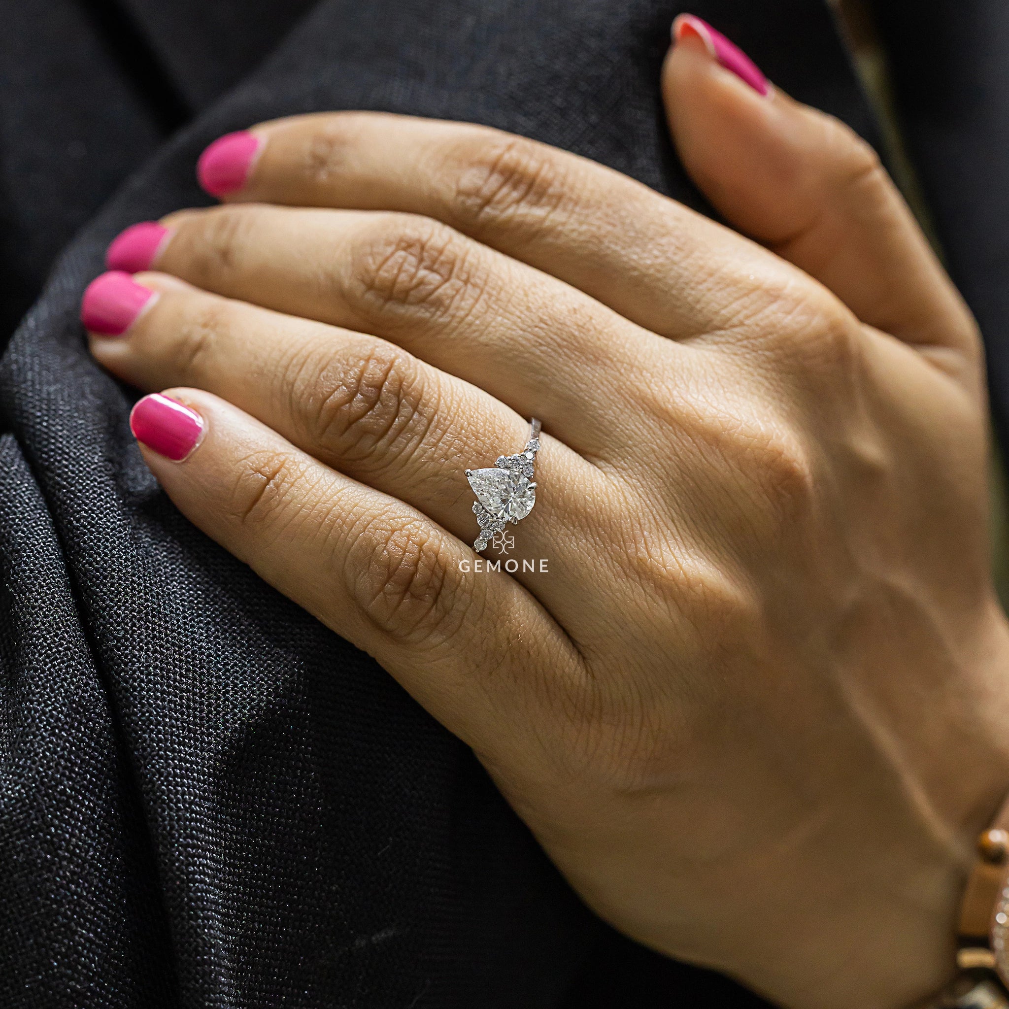 1.15 Carat Pear Cut Cluster Lab Diamond Engagement Ring