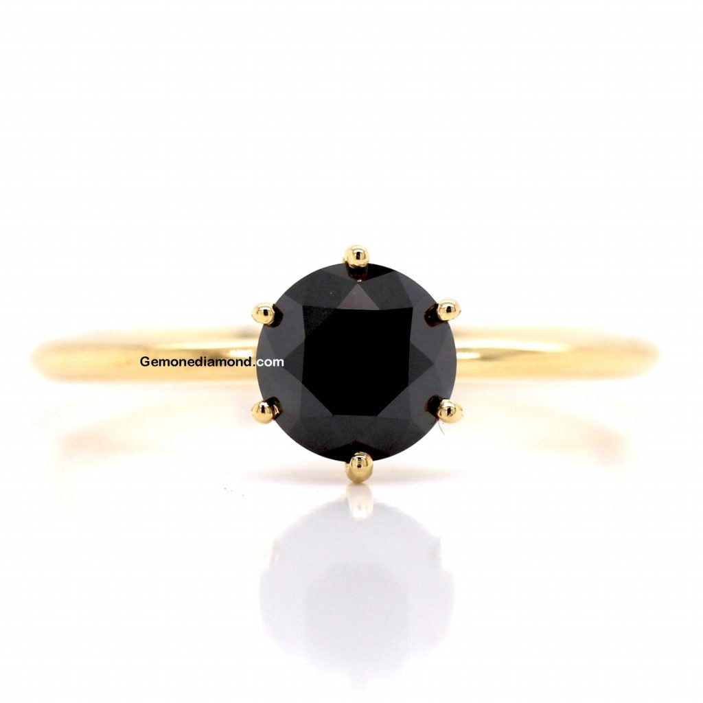 1 Carat Round Cut 6 Prong Solitaire Black Diamond Engagement Ring 18K Yellow Gold Solitaire Engagement Rings