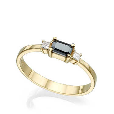 1 Carat Emerald Shape Three Stone Black & White Diamond Ring In Yellow Gold