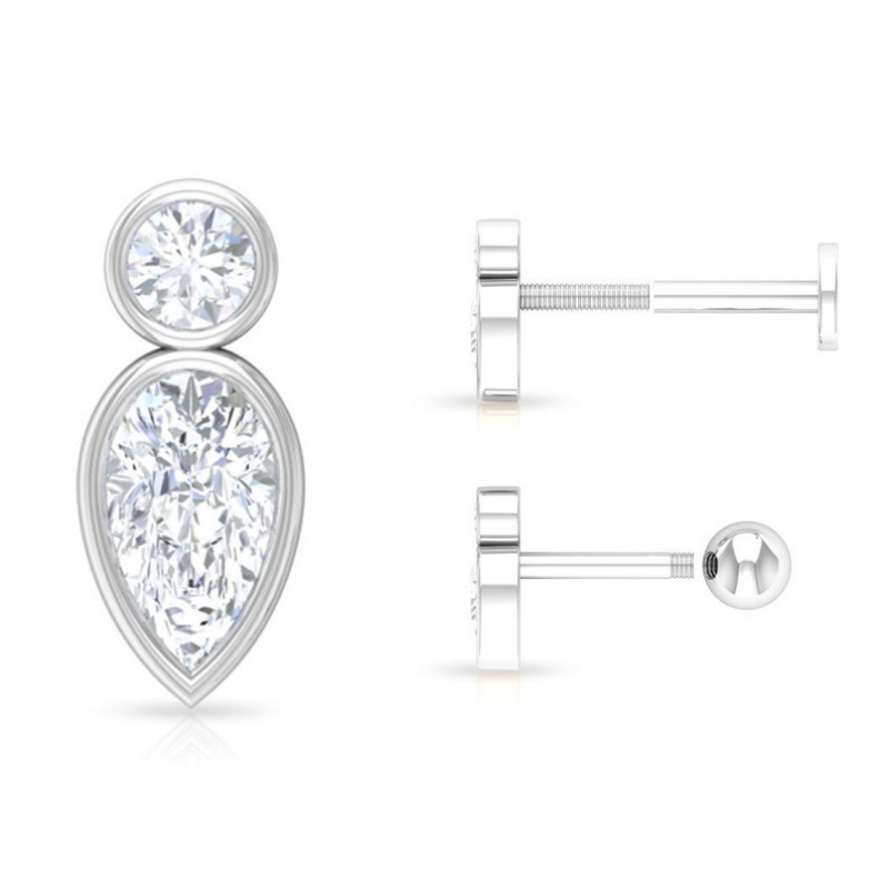 0.40 Carat Round & Pear Shape Bezel Diamond Stud Earrings 950 Platinum Natural Diamond