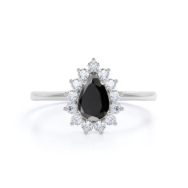 2 Carat Black Diamond Pear Cut Halo Engagement Ring In 14k White Gold
