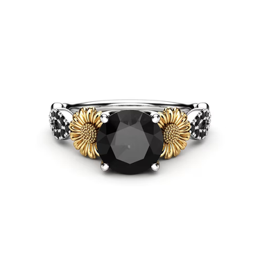 2 Carat Round Cut Sunflower Engagement Black Diamond Ring In Two Tone Gold
