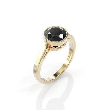 2 ct Round Cut Bezel Setting Solitaire Black Diamond Ring In Yellow Gold