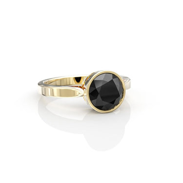2 ct Round Cut Bezel Setting Solitaire Black Diamond Ring In Yellow Gold