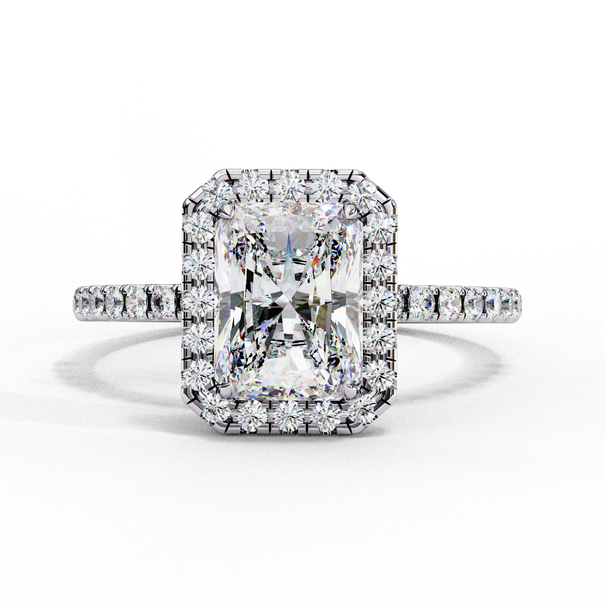 Radiant Shaped Synthetic Diamond Halo Engagement Ring Lab Diamond Engagement Rings