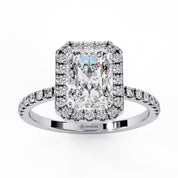 Radiant Shaped Synthetic Diamond Halo Engagement Ring Lab Diamond Engagement Rings
