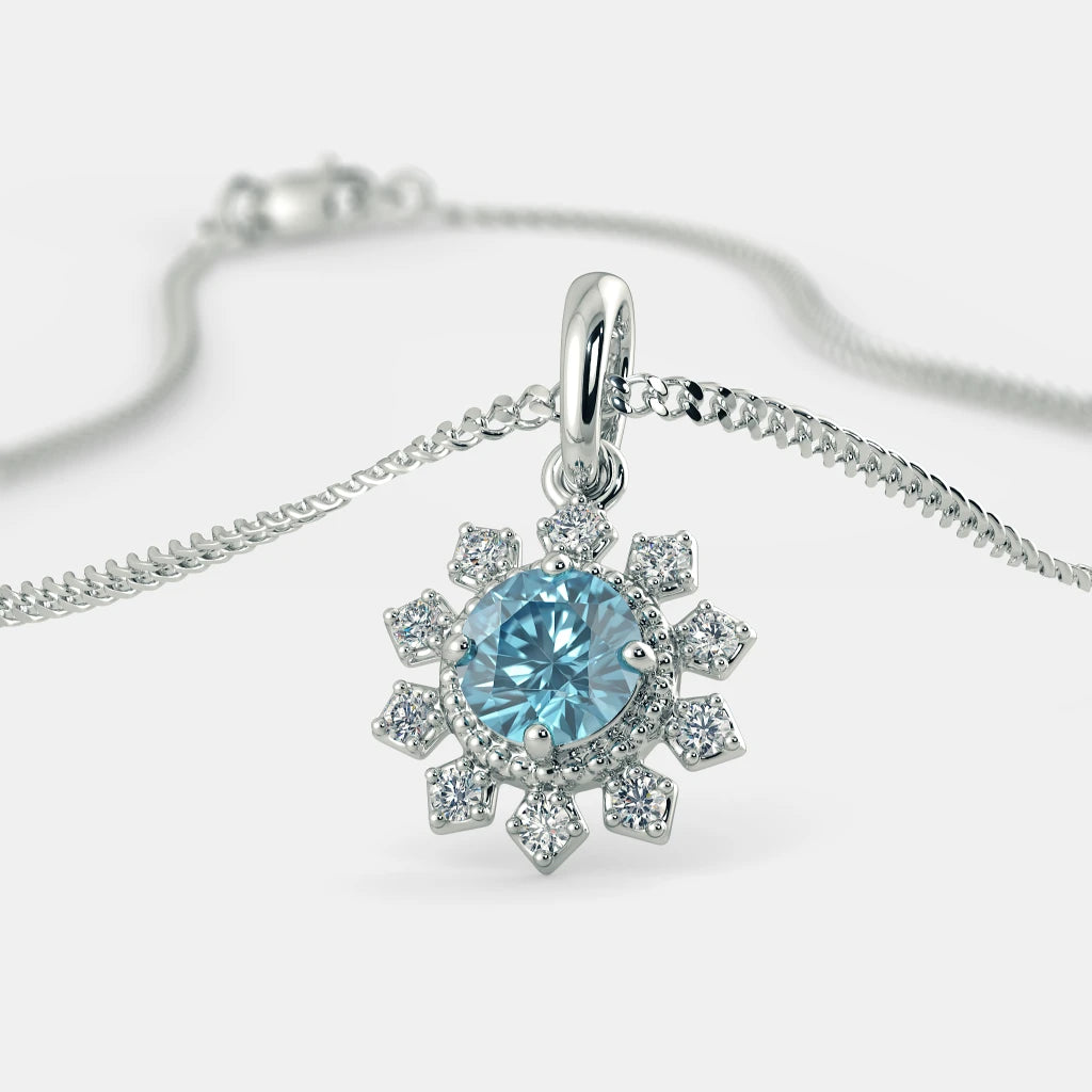 2.20 Carat Round Blue Floral Lab Diamond Pendant in White Gold Lab Diamond