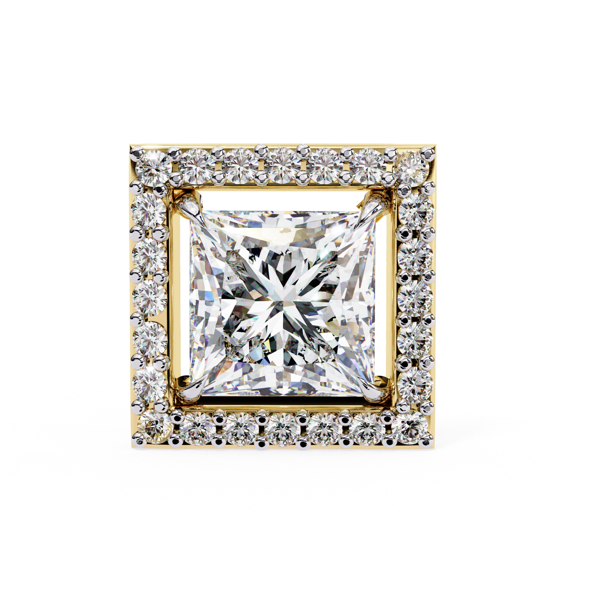 2.46 Carat Princess Cut Diamond Stud Earrings with Square Halo Design in Gold and Platinum