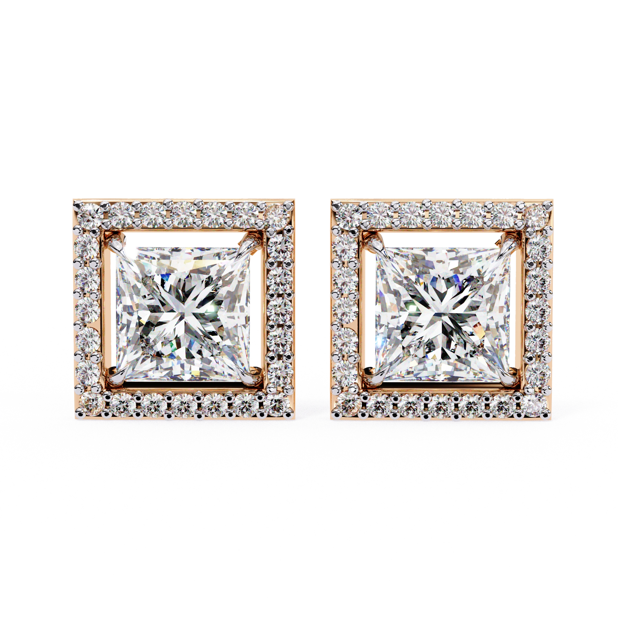 2.46 Carat Princess Cut Diamond Stud Earrings with Square Halo Design in Gold and Platinum Lab Diamond