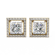2.46 Carat Princess Cut Diamond Stud Earrings with Square Halo Design in Gold and Platinum Lab Diamond