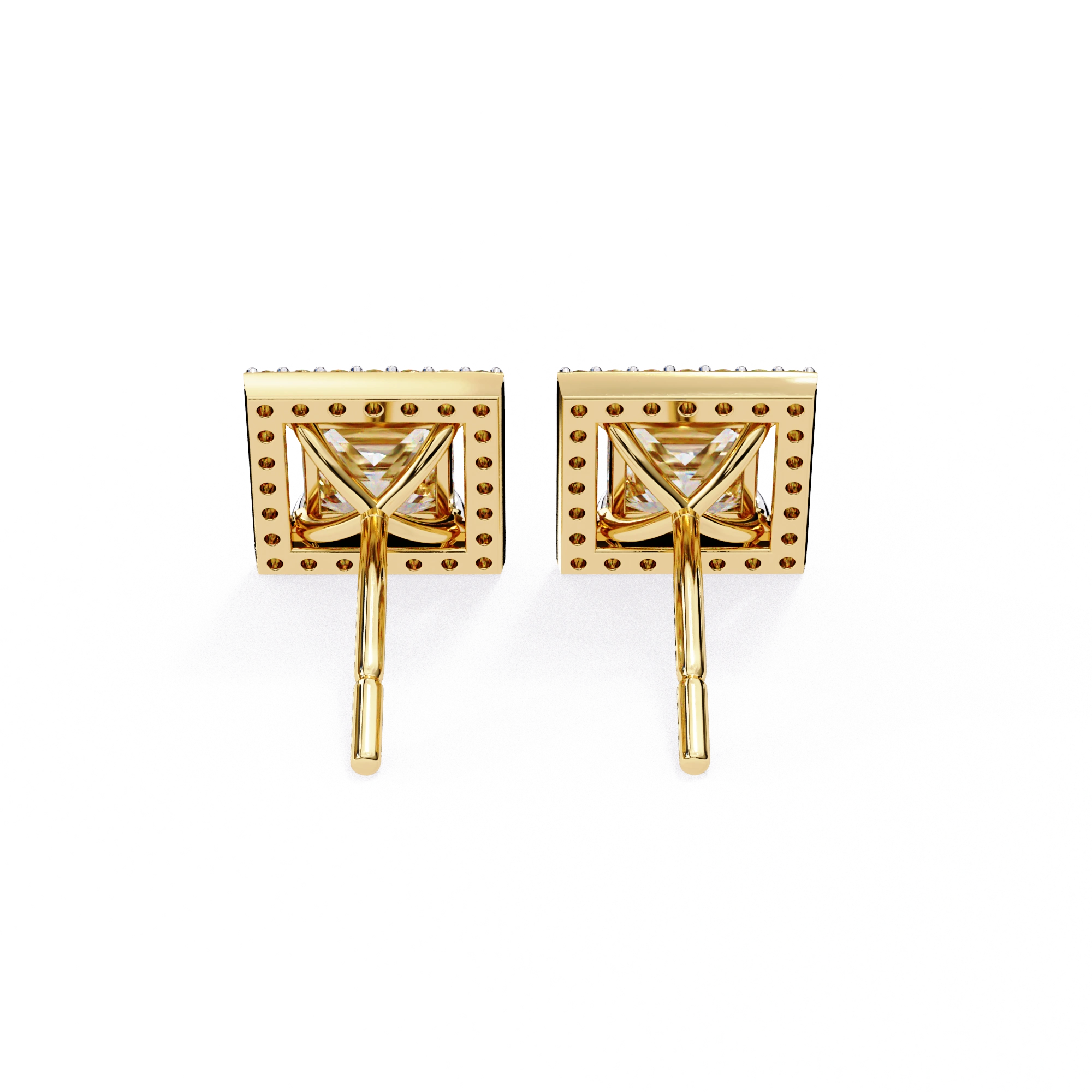 2.46 Carat Princess Cut Diamond Stud Earrings with Square Halo Design in Gold and Platinum