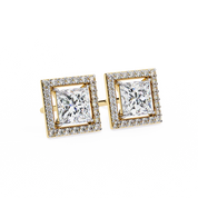 2.46 Carat Princess Cut Diamond Stud Earrings with Square Halo Design in Gold and Platinum
