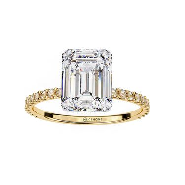 2.60 Carat Emerald Cut Hidden Halo Lab Diamond Engagement Ring In Yellow Gold