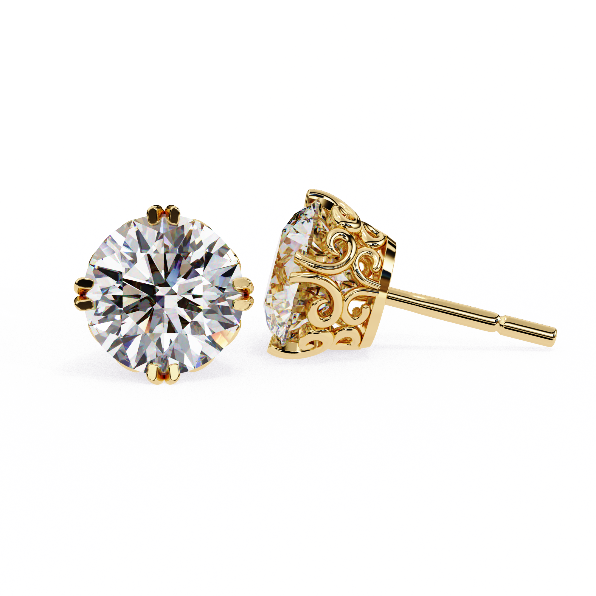 Filigree Lab Grown Diamond Stud Earrings 18K Yellow Gold