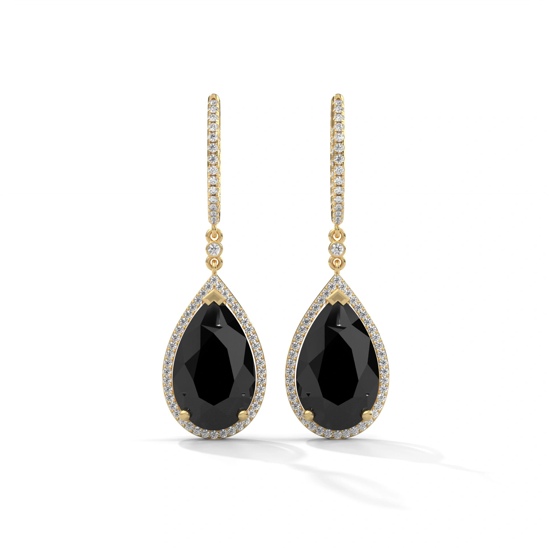 23.90 Tcw Pear Shape Drop Dangle Black Diamond Earrings 18K Yellow Gold