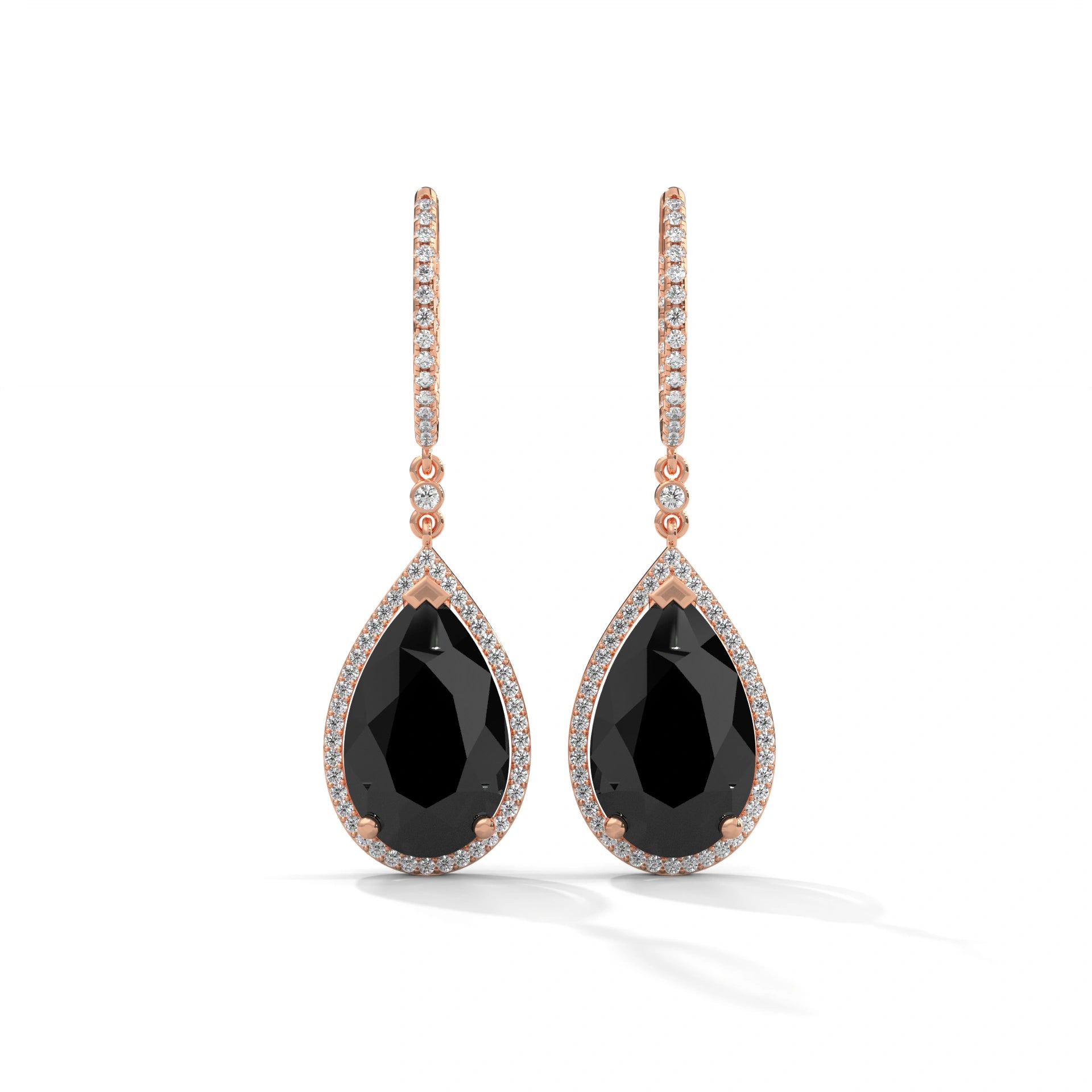 23.90 Tcw Pear Shape Drop Dangle Black Diamond Earrings 18K Rose Gold