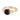 Angle view of yellow gold three-stone ring with a black round-cut center stone flanked by two brilliant white diamonds
