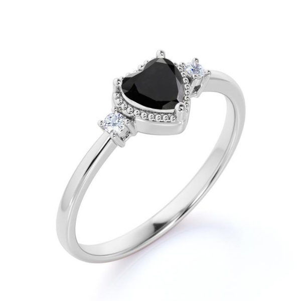 1.67 Ct Heart Shape Black Diamond Three Stone Engagement Rings Promise Engagement Rings