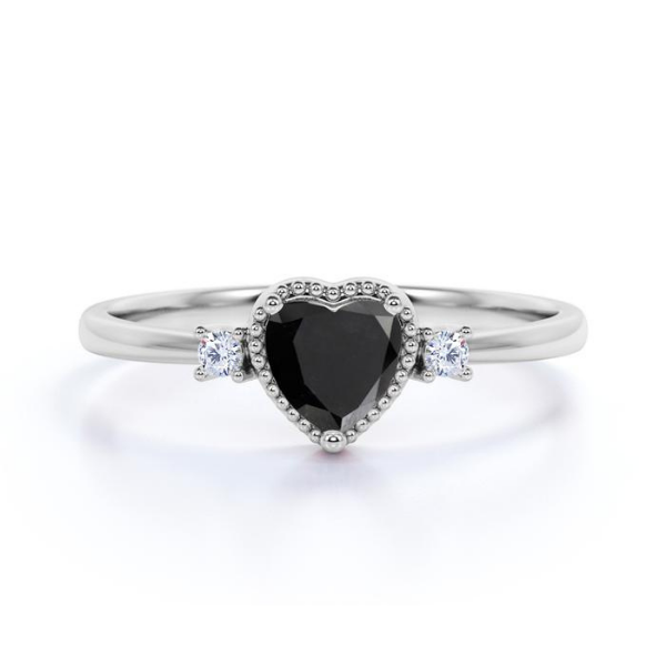 1.67 Ct Heart Shape Black Diamond Three Stone Engagement Rings Promise Engagement Rings
