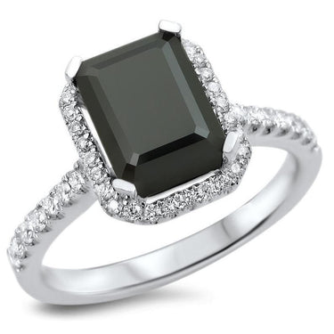 2.5 Carat Emrald Shaped Halo Prong Set Black Diamond Ring