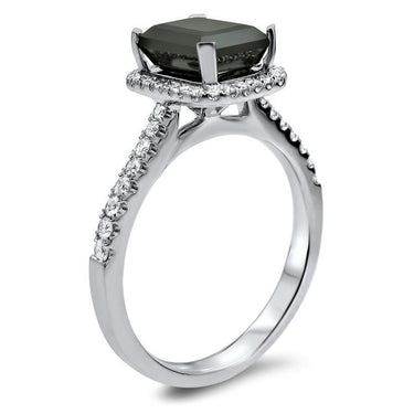 2.5 Carat Emrald Shaped Halo Prong Set Black Diamond Ring