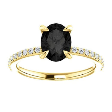 2 Carat Oval Cut 4 Prong Channel Setting Black And White Diamond Ring In Yellow Gold