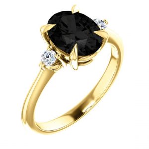 2 Carat Oval Shape 3 Stone Prong Setting Black and White Diamond Ring In Yellow Gold 
