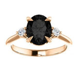 2 Carat Oval Shape 3 Stone Prong Setting Black and White Diamond Ring In Rose Gold 