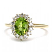 4.28 Carat Oval Shape Halo Peridot Gemstone Ring 18K Yellow Gold