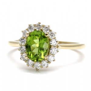 4.28 Carat Oval Shape Halo Peridot Gemstone Ring 18K Yellow Gold